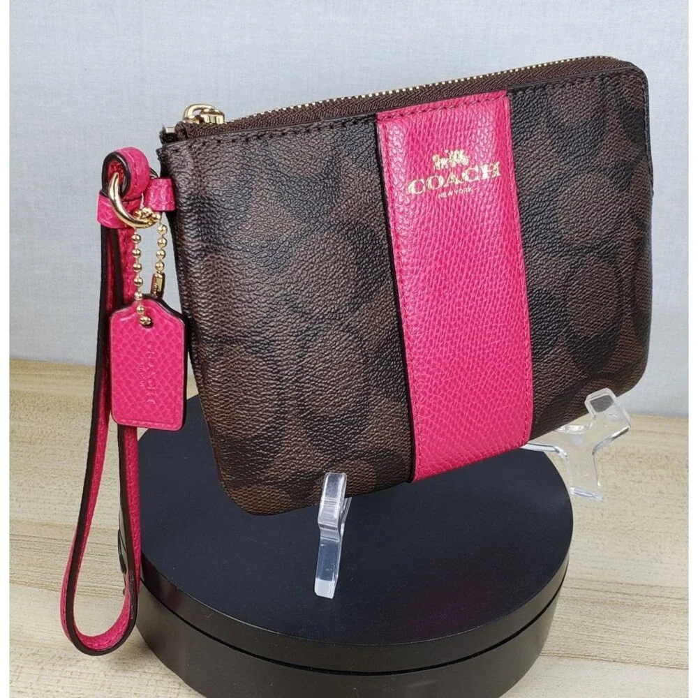 COACH Corner Zip Wristlet In Dark Brown Signature Leather w/ Hot Pink Stripe